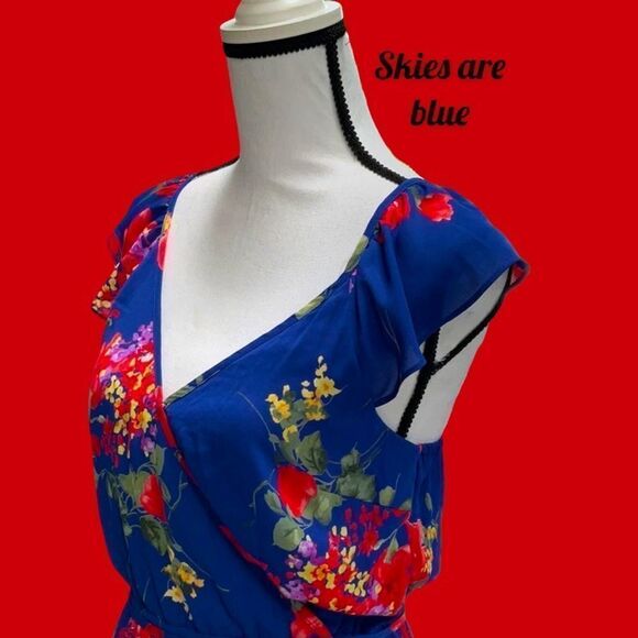 SKIES ARE BLUE NWT DRESS FLORAL PRINT WRAP RUFFLED SPAGHETTI STRAPS SMALL COBALT - Picture 11 of 13